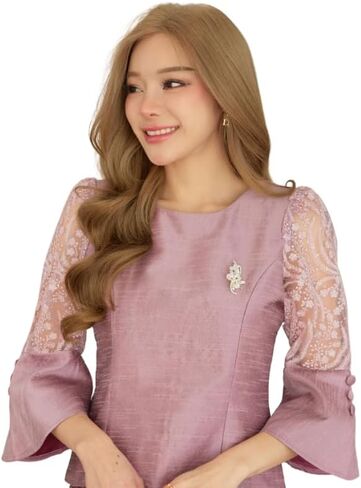 Elegant Thai Traditional Dress Set, Lace Sleeve Peplum Top with Printed Skirt, Mauve Pink in Saudi Arabia