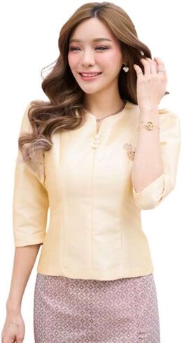 Yanischa Traditional Thai Dress Set, White Lace Top with Striped Skirt, Elegant Formal Wear in Saudi Arabia