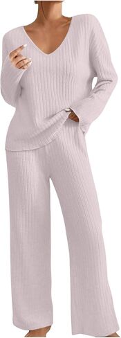 Women 2 Piece Lounge Pajamas Sets Casual Ribbed Knit Set Matching Lounge Sets Long Sleeve Top Pants Sets Fall Outfits in Saudi Arabia