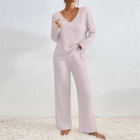 Women 2 Piece Lounge Pajamas Sets Casual Ribbed Knit Set Matching Lounge Sets Long Sleeve Top Pants Sets Fall Outfits in Saudi Arabia