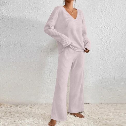 Women 2 Piece Lounge Pajamas Sets Casual Ribbed Knit Set Matching Lounge Sets Long Sleeve Top Pants Sets Fall Outfits in Saudi Arabia