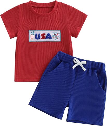 4th Of July Toddler Baby Boy Outfit American Flag T Shirt Top Shorts 2Pcs Set Kids Boys Summer Patriotic Clothes in Saudi Arabia