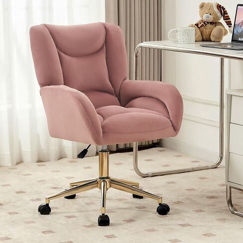 FOXHUNTER Vanity Chair with Ergonomic Back & Wheels, 360° Swivel Accent Chair, Adjustable Height Home Office Chair for Living Room, Bedroom（Velvet Pink） in Saudi Arabia