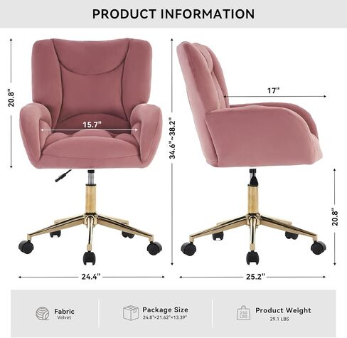 FOXHUNTER Vanity Chair with Ergonomic Back & Wheels, 360° Swivel Accent Chair, Adjustable Height Home Office Chair for Living Room, Bedroom（Velvet Pink） in Saudi Arabia
