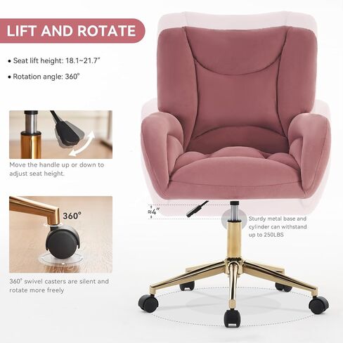 FOXHUNTER Vanity Chair with Ergonomic Back & Wheels, 360° Swivel Accent Chair, Adjustable Height Home Office Chair for Living Room, Bedroom（Velvet Pink） in Saudi Arabia