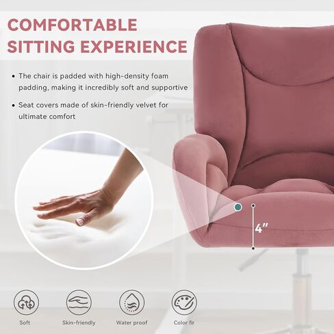 FOXHUNTER Vanity Chair with Ergonomic Back & Wheels, 360° Swivel Accent Chair, Adjustable Height Home Office Chair for Living Room, Bedroom（Velvet Pink） in Saudi Arabia