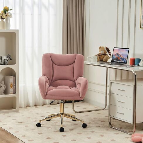 FOXHUNTER Vanity Chair with Ergonomic Back & Wheels, 360° Swivel Accent Chair, Adjustable Height Home Office Chair for Living Room, Bedroom（Velvet Pink） in Saudi Arabia