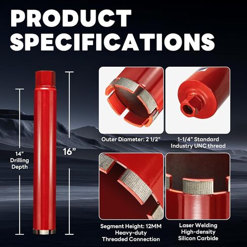 Premium 2 1/2" Wet Core Drill Bit for Hard Concrete with High-Density Diamond, Precision-Welded Segments, 1-1/4"-7 UNC x 14" Depth, Industrial Grade for Concrete Rebar, Brick, Masonry, Asphalt in Kuwait