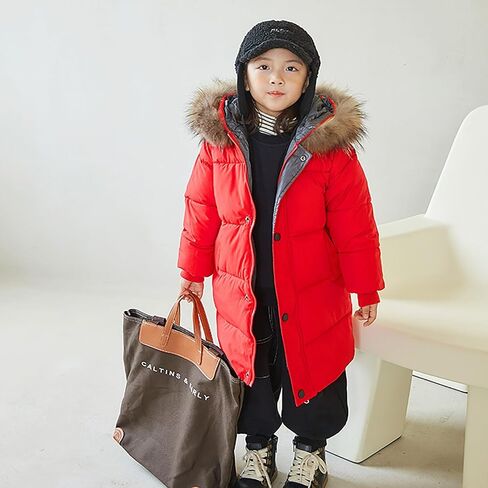 Girls Boys Winter Down Jacket Hooded Down Coat Thicken Warm Mid Long Puffer Jacket with Furry Trimmed Hood Outerwear in Saudi Arabia
