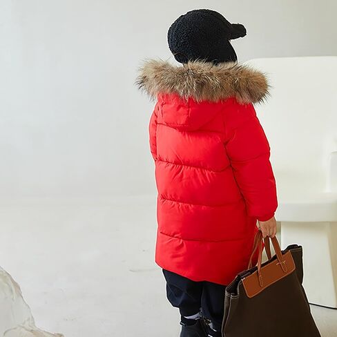 Girls Boys Winter Down Jacket Hooded Down Coat Thicken Warm Mid Long Puffer Jacket with Furry Trimmed Hood Outerwear in Saudi Arabia