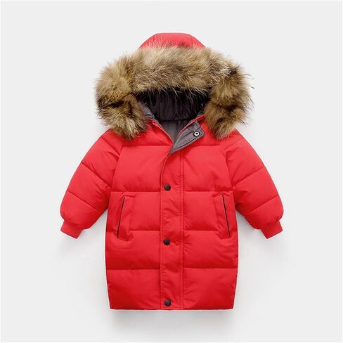 Girls Boys Winter Down Jacket Hooded Down Coat Thicken Warm Mid Long Puffer Jacket with Furry Trimmed Hood Outerwear in Saudi Arabia