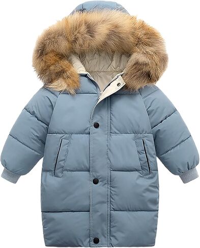 Girls Boys Winter Down Jacket Hooded Down Coat Thicken Warm Mid Long Puffer Jacket with Furry Trimmed Hood Outerwear in Saudi Arabia