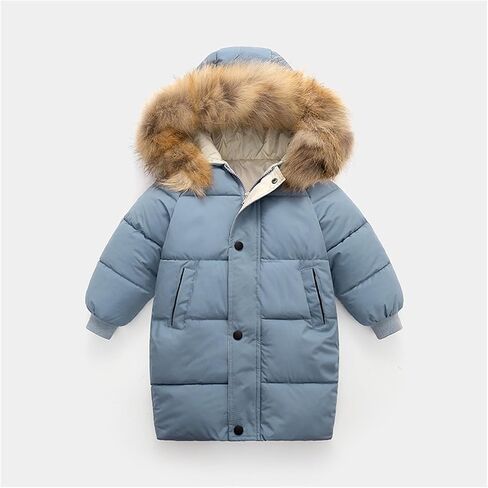 Girls Boys Winter Down Jacket Hooded Down Coat Thicken Warm Mid Long Puffer Jacket with Furry Trimmed Hood Outerwear in Saudi Arabia
