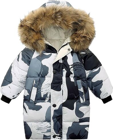 Girls Boys Winter Down Jacket Hooded Down Coat Thicken Warm Mid Long Puffer Jacket with Furry Trimmed Hood Outerwear in Saudi Arabia