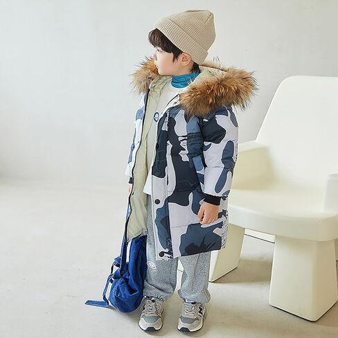 Girls Boys Winter Down Jacket Hooded Down Coat Thicken Warm Mid Long Puffer Jacket with Furry Trimmed Hood Outerwear in Saudi Arabia
