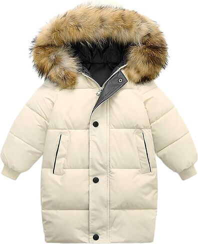 Girls Boys Winter Down Jacket Hooded Down Coat Thicken Warm Mid Long Puffer Jacket with Furry Trimmed Hood Outerwear in Saudi Arabia
