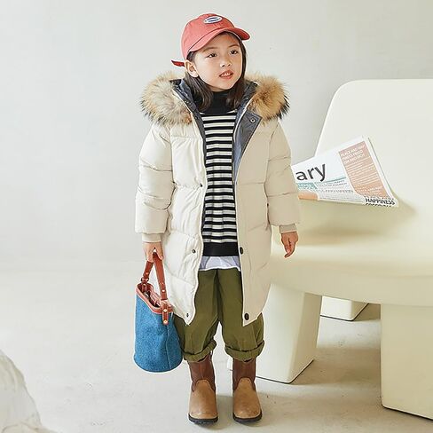 Girls Boys Winter Down Jacket Hooded Down Coat Thicken Warm Mid Long Puffer Jacket with Furry Trimmed Hood Outerwear in Saudi Arabia