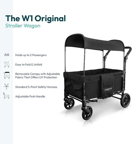 Wonderfold W1 Original Stroller Wagon (مقاعدان) - عربة عربة قابلة للطي مع مقاعد مع تسخير 5 نقاط ، مقبض الدفع القابل للتعديل ، مظلة الشمس ، رمادي مدخن in Kuwait