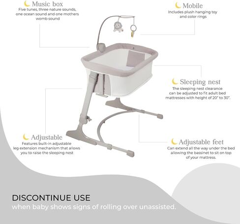 Arm’s Reach Versatile Co-Sleeper Bedside Bassinet Featuring Height-Adjustable Legs with Adjustable Feet, Mobile with Plush Hanging Toy, and Music Box with 5 Tunes, Ivory/Gray w/Quilting in Kuwait
