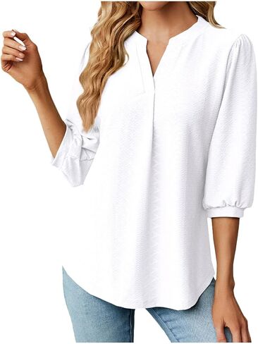 Women 3/4 Sleeve Eyelet Tops Dressy Casual V Neck Blouses Elegant Summer Trendy Tunic Shirts Business Work Shirt in Saudi Arabia