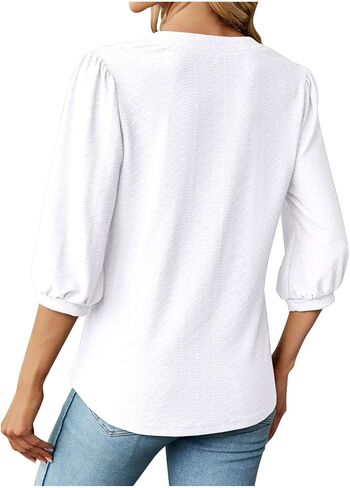 Women 3/4 Sleeve Eyelet Tops Dressy Casual V Neck Blouses Elegant Summer Trendy Tunic Shirts Business Work Shirt in Saudi Arabia