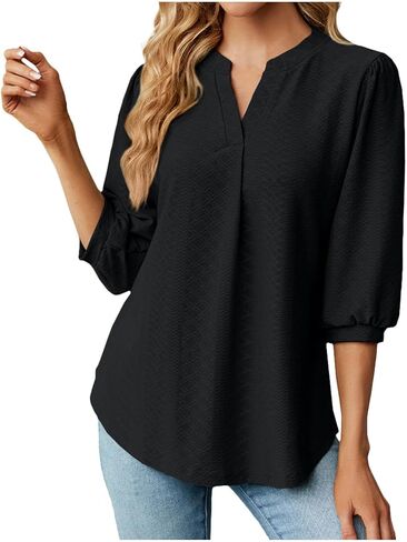 Women 3/4 Sleeve Eyelet Tops Dressy Casual V Neck Blouses Elegant Summer Trendy Tunic Shirts Business Work Shirt in Saudi Arabia