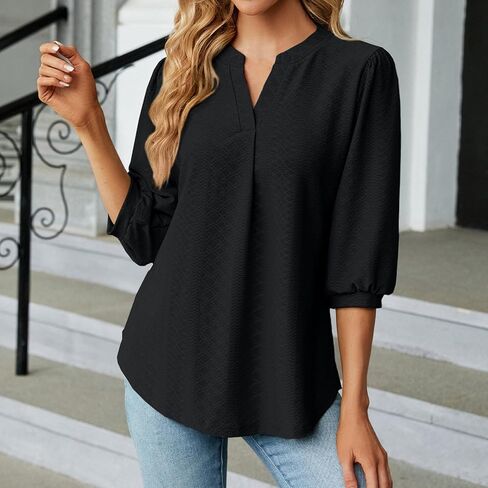 Women 3/4 Sleeve Eyelet Tops Dressy Casual V Neck Blouses Elegant Summer Trendy Tunic Shirts Business Work Shirt in Saudi Arabia