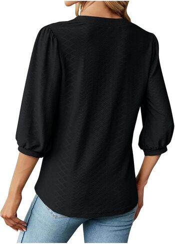 Women 3/4 Sleeve Eyelet Tops Dressy Casual V Neck Blouses Elegant Summer Trendy Tunic Shirts Business Work Shirt in Saudi Arabia