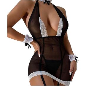 Women Fashion Sexy Lace Hollow Out Bodysuit Three Point Underwear Nightclub COS Lingerie Set Garter Belt with