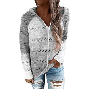 DGHM-JLMY Women's Zip Hooded Sweater Casual Long Sleeve Zip Up Hooded Knit Color Block Sweaters Fashion Drawstring