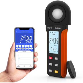 BTMETER Illuminance Light Meter w/Bluetooth - Digital Lumen Tester Measure Lighting Level Intensity 1~400,000 Lux(Foot Candle 1~37,160) Luxometer with 270º Rotated Sensor Data Logging for Plants Grow