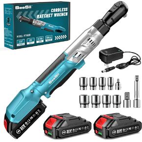 SeeSii cordless lectral roclench 3/8 ： محرك بدون فرش ، 21 فولت ، عزم دوران 66 قدم ، 250 دورة في الدقيقة ، 2x2.0ah بطاريات ، 3 "شريط ممتد ، 8 مآخذ ومحولات (1/4" و 1/2 ")") "