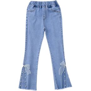 Girls Denim Stretc1 Bell Bottom Split He1 Skinny Thin Elastic Waist Flared Jeans Bow Slim Denim Leggings for Teen Girl