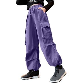 Girls' Vintage Multi-Pocket Cargo Pants Elastic Waistband Jogger Loose Fit Streetwear Parachute Pants 3-14 Years
