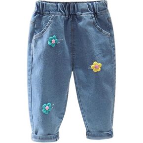 Toddler Baby Girls Baggy Jeans Relaxed Elastic Waist Flower Hembroidery Fold Hem Athletic Lounge Denim Pants Pockets
