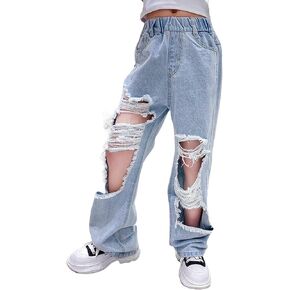 Baggy Ripped Wide Leg Jeans Girls Loose Palazzo Elastic High Waist Denim Pants Hole Straight Y2K Jean Bottom for Girl