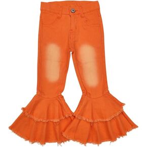 Todder Girl Jeans Solid Orange Bleached Ruffle Bell Bottom