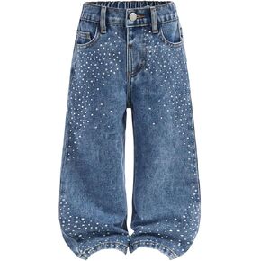 Verdusa Toddler Girl's Rhinestone Sparkly Wide Leg Jeans Streetwear Denim Pants with Pockets