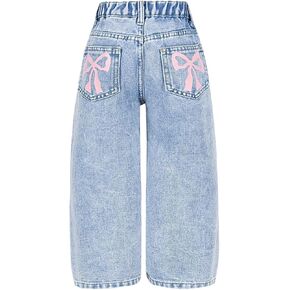 WDIRARA Girl's Cute Bow Pattern Jeans Elastic Waist Wide Leg Denim Pants