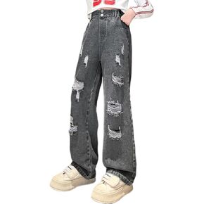 Ripped High Waist Jeans Wide Leg Straight Baggy Hip Hop Palazzo Denim Pants Streetwear Y2K Retro Toddler Girl Tights 2t