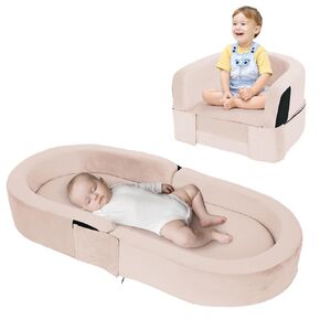 wanan Toddler Travel Bed, 2-in-1 Convertible Toddler Bed & Couch, Portable & Foldable, Pink