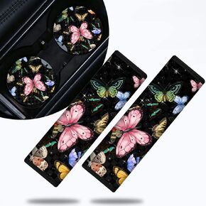 Car Seat Strap Pads for Kids and Car Cup Holder Coaster x 2 Pack Set, Soft Comfort Seat Belt Cushion for Children, Car Interior Accessories Seat Belt for Adults, Glitter Butterfly