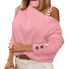 Women's Fashion Sexy Chain Button Ornament Off The Shoulder Hanging Neck Long Sleeved T Shirt Opaque Shirts for