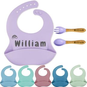 FCQIANKM Personalized Silicone Baby Bibs Spoon and Fork Set with Name Icon Custom Toddler Bibs Personalized Baby Gifts