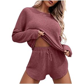 Womens 2 Piece Sweater Sets Trendy High Waist Shorts and Long Sleeve Tops Sexy Knit Breathable Outfits Lounge Set