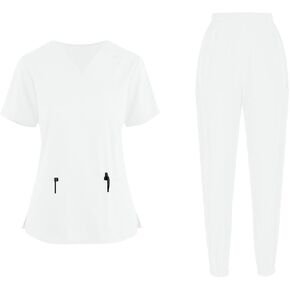 Women's Scrubs 2 Piece Set Stretch V-Neck Short Sleeve Scrub Top & Jogger Pants Medical Uniform Workwear with Pockets