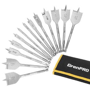 13-Piece Spade Drill Bit Set, Paddle Flat Bits for Woodworking, 1/4" to 1-1/2", Quick Change Hex Shank, Nylon Storage Pouch Included