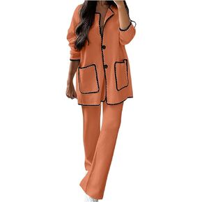 Womens 2 Piece Outfits Fall Winter Lapel Button Down Long Sleeve Tops with Pockets Wide Leg Pants Matching Lounge Sets in Kuwait