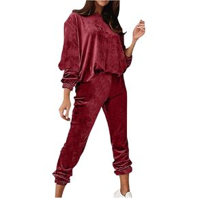 ملابس Velvet للسيدات 2 قطعة طاقم رقبة طويلة الأكمام السحب وسروال الخصر المرن مريح مجموعات الصالة الصلبة العصرية