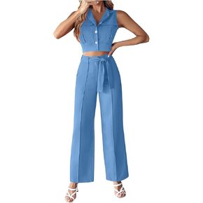 Womens Vest Sets Summer 2 Piece Outfits Sleeveless Lapel Button Crop Blazer Tank Top and Wide Leg Belted Pants Suits